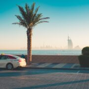 taxi on road in dubai with palm tree and burj al arab in the distance